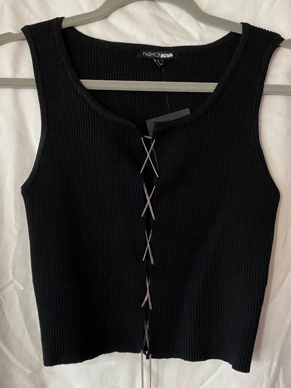 NWT Fashion Nova Black Ribbed Tank With Silver Butterfly Chain Lace Front Sz Lg